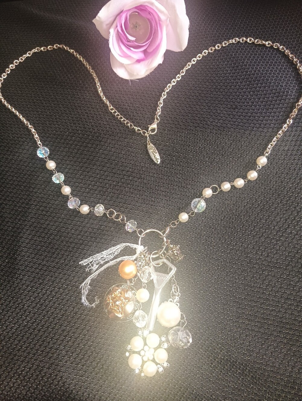 Plunder Shabby Chic Key Pendant Necklace With Pearl & Crystal Cluster